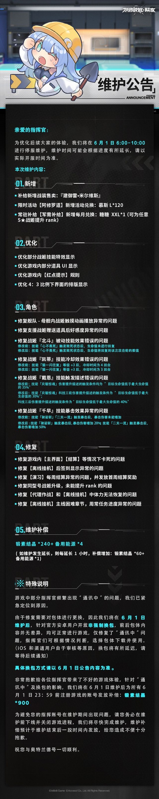 机动战姬聚变6月1日维护公告 米尔维斯新皮肤上线